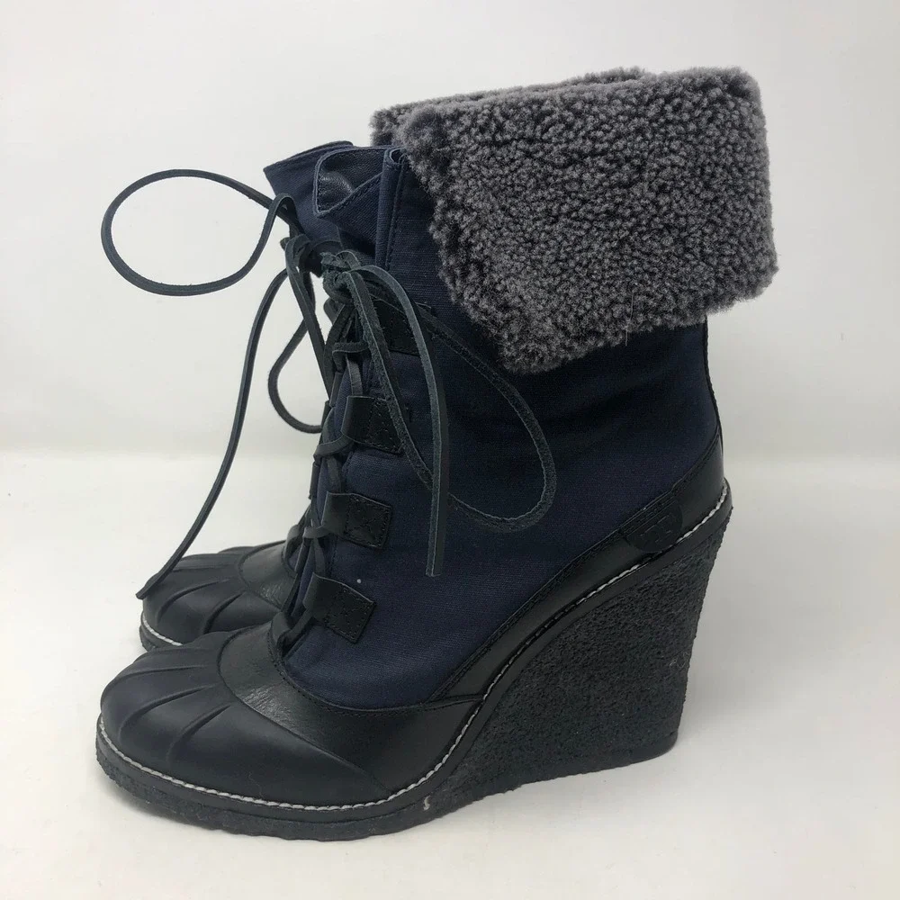 Tory Burch Fairfax 105MM Bootie Womens 11 Navy Black Wedge Faux Fur Luxury Ski